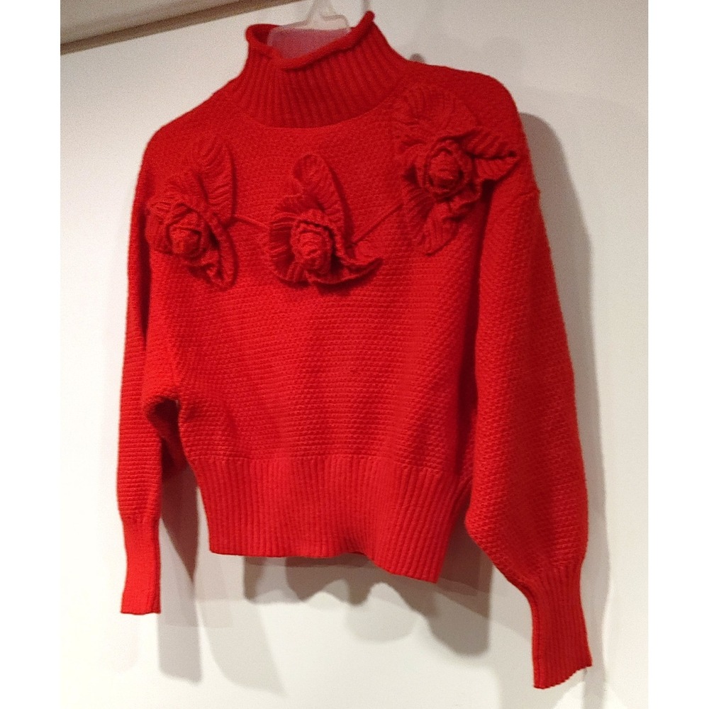 Runway 7 Sweater Women L Red Excellent 3D Floral Mock Neck Cropped Dolman Knit